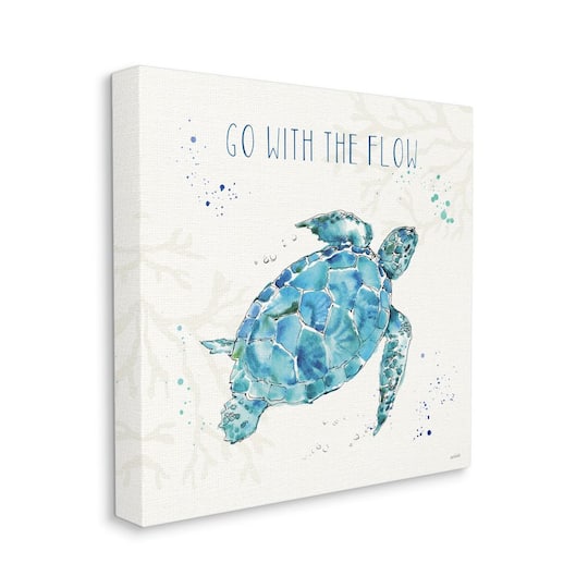 Stupell Industries Go with the Flow Quote Turtle Tortoise Blue Green Watercolor Canvas Wall Art
